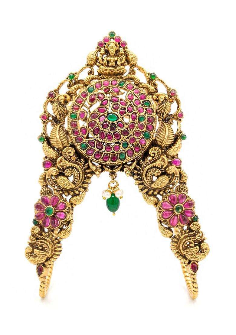 Green Gold-Plated Kundan Studded Antique Armlet Temple Bracelet for Women | Traditional Temple Jewellery for Wedding & Festive Wear | Gift for Her - Indya