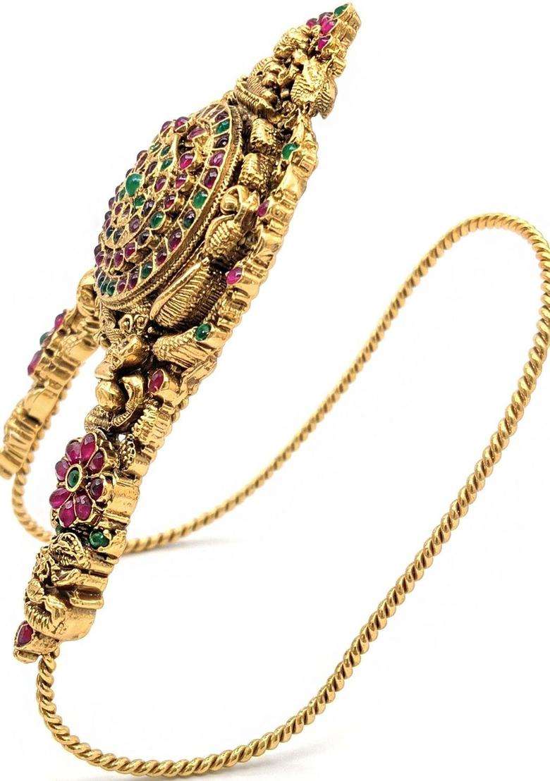 Green Gold-Plated Kundan Studded Antique Armlet Temple Bracelet for Women | Traditional Temple Jewellery for Wedding & Festive Wear | Gift for Her - Indya