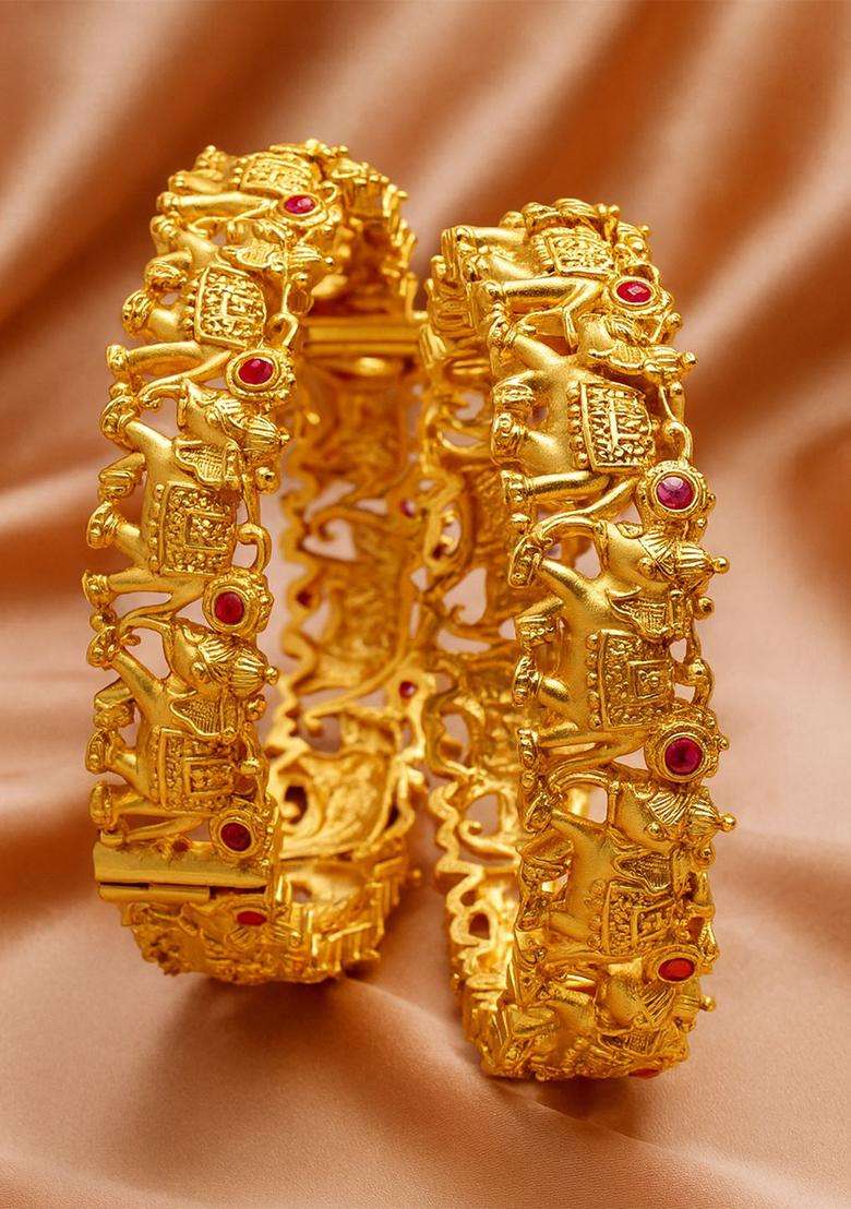 Set of 2 Gold-Plated & Pink Stones-Studded Rajwadi Temple Bangles with Kundan for Women | Traditional Temple Jewellery for Wedding & Festive Wear | Gift for Her - Indya