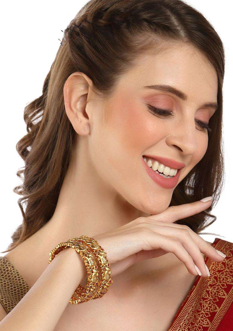 Set of 2 Gold-Plated & Pink Stones-Studded Rajwadi Temple Bangles with Kundan for Women | Traditional Temple Jewellery for Wedding & Festive Wear | Gift for Her - Indya