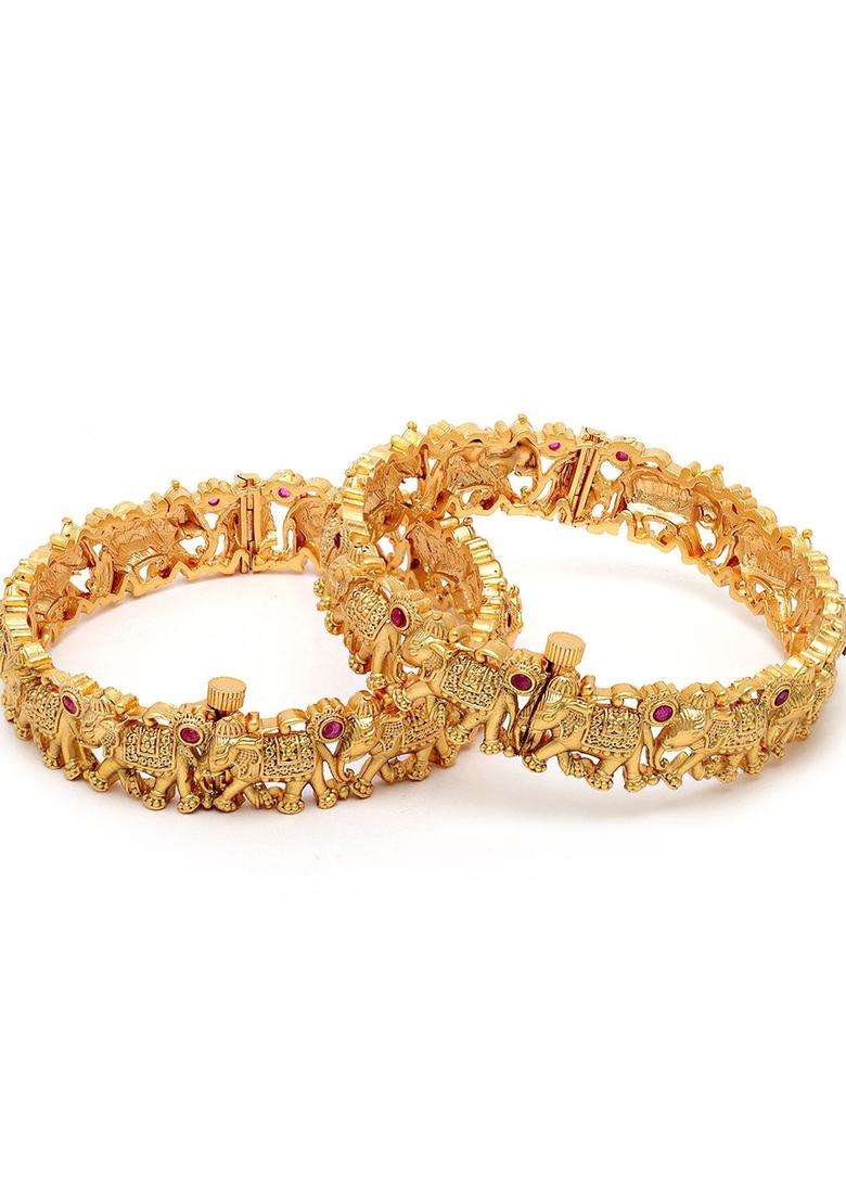 Set of 2 Gold-Plated & Pink Stones-Studded Rajwadi Temple Bangles with Kundan for Women | Traditional Temple Jewellery for Wedding & Festive Wear | Gift for Her - Indya