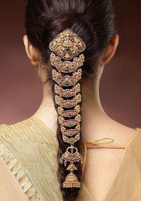 Green Gold-Plated Stones Studded Bun Pin Traditional Head Jewellery for Women | Traditional Temple Jewellery for Wedding & Festive Wear | Gift for Her
