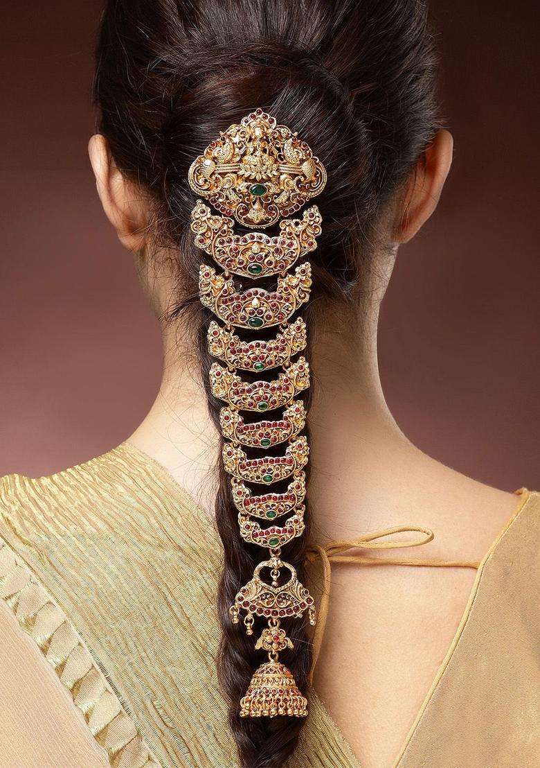 Green Gold-Plated Stones Studded Bun Pin Traditional Head Jewellery for Women | Traditional Temple Jewellery for Wedding & Festive Wear | Gift for Her - Indya