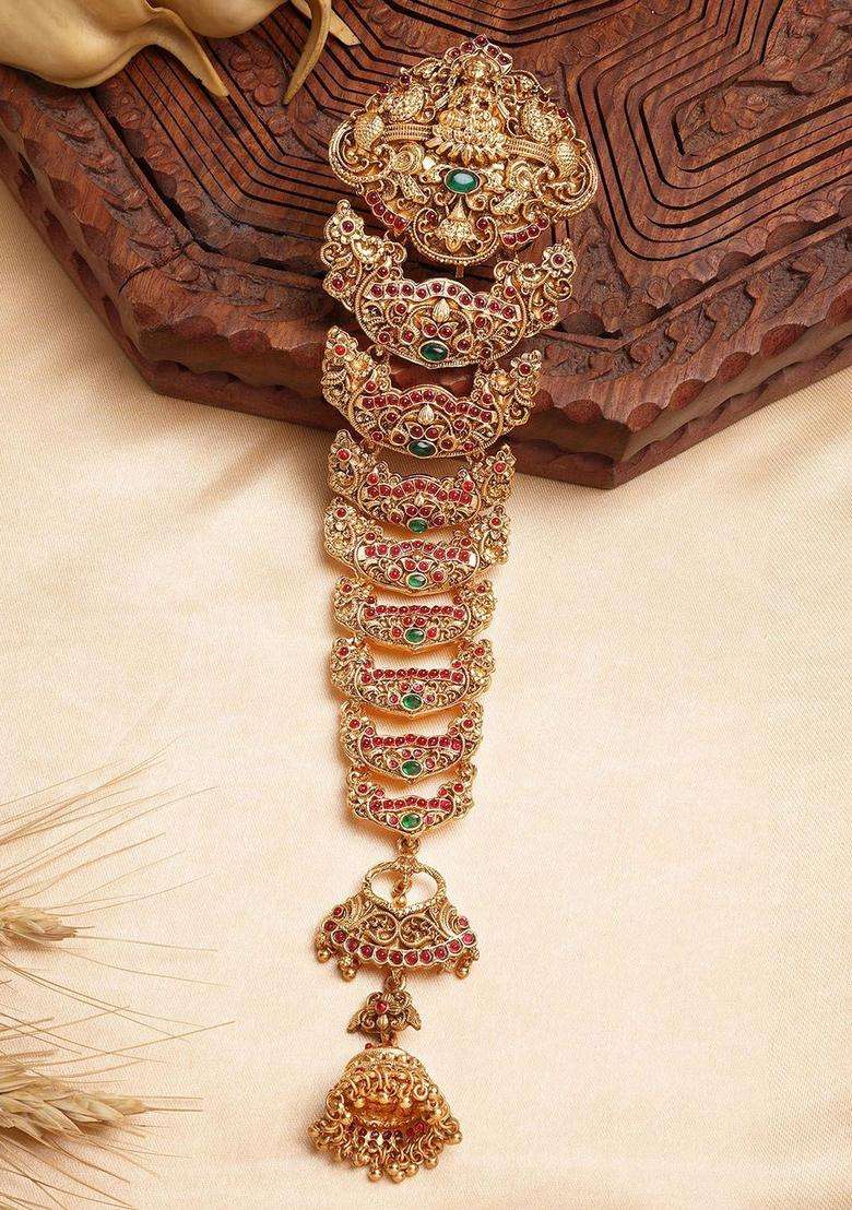 Green Gold-Plated Stones Studded Bun Pin Traditional Head Jewellery for Women | Traditional Temple Jewellery for Wedding & Festive Wear | Gift for Her - Indya