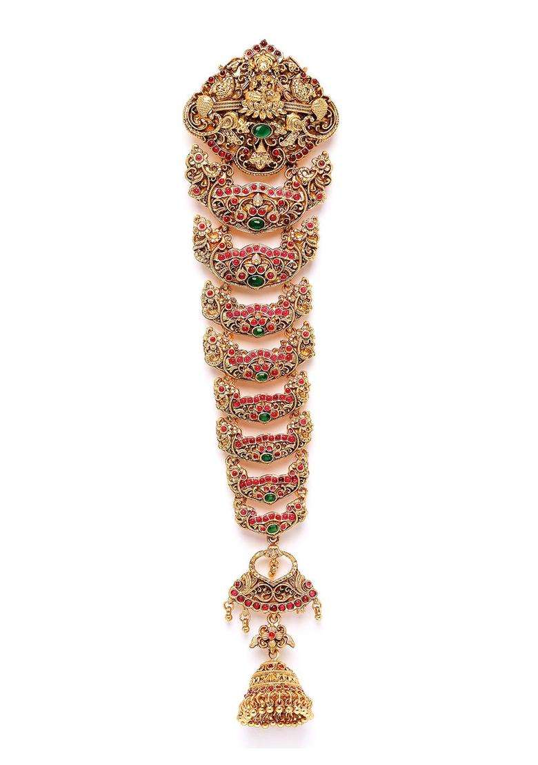 Green Gold-Plated Stones Studded Bun Pin Traditional Head Jewellery for Women | Traditional Temple Jewellery for Wedding & Festive Wear | Gift for Her - Indya