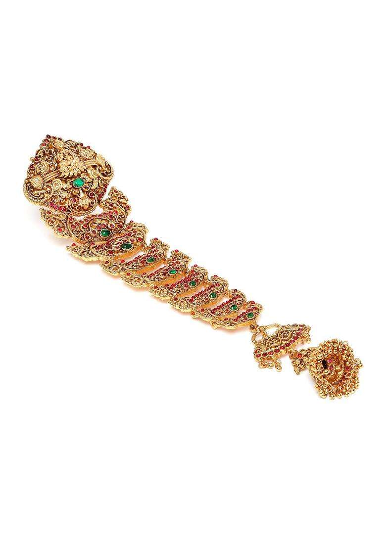 Green Gold-Plated Stones Studded Bun Pin Traditional Head Jewellery for Women | Traditional Temple Jewellery for Wedding & Festive Wear | Gift for Her - Indya