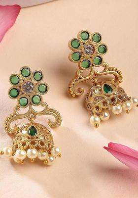Green Gold-Plated Artificial Stones Dome Shaped Jhumkas Drop Earrings for Women | Traditional Temple Jewellery for Wedding & Festive Wear | Gift for Her