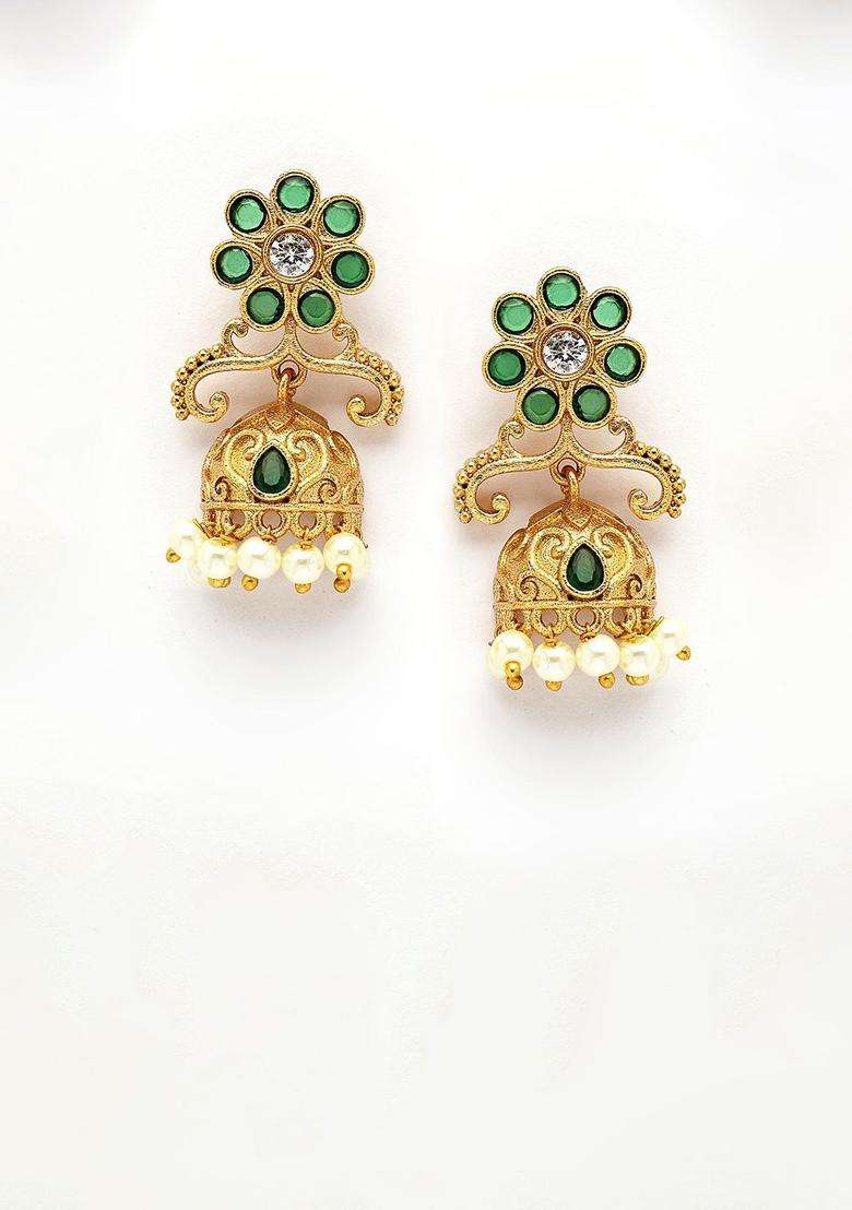 Green Gold-Plated Artificial Stones Dome Shaped Jhumkas Drop Earrings for Women | Traditional Temple Jewellery for Wedding & Festive Wear | Gift for Her - Indya