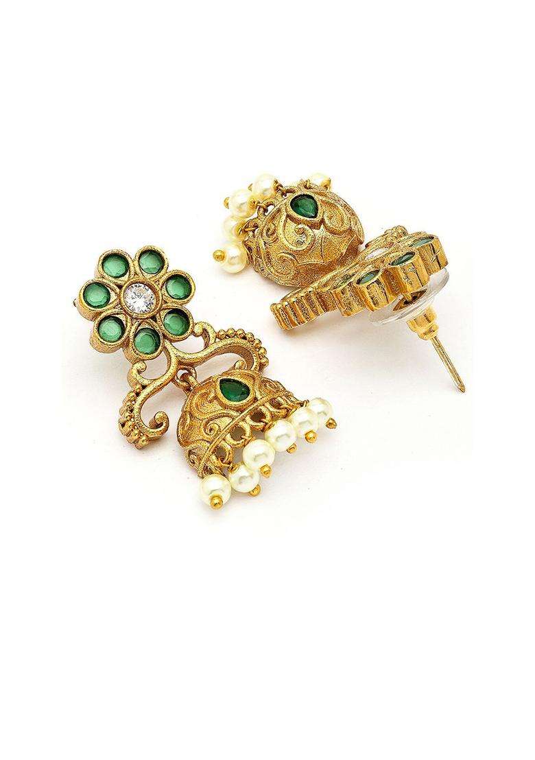 Green Gold-Plated Artificial Stones Dome Shaped Jhumkas Drop Earrings for Women | Traditional Temple Jewellery for Wedding & Festive Wear | Gift for Her - Indya