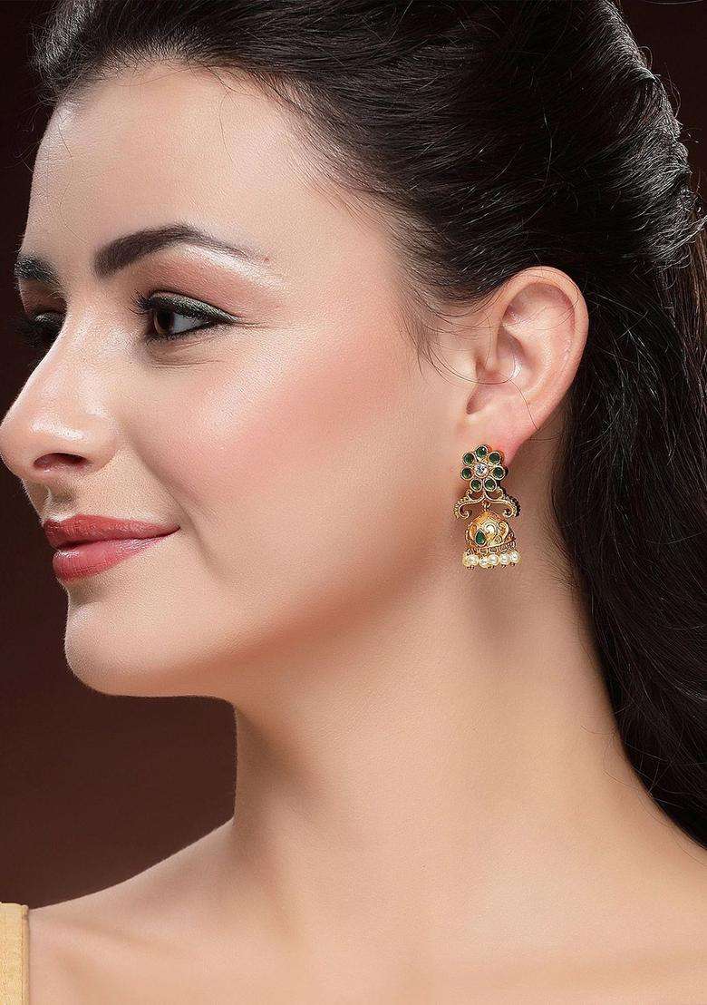 Green Gold-Plated Artificial Stones Dome Shaped Jhumkas Drop Earrings for Women | Traditional Temple Jewellery for Wedding & Festive Wear | Gift for Her - Indya