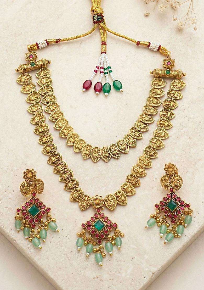 Gold-Plated Temple Stone-Studded Necklace and Earrings for Women | Traditional Temple Jewellery for Wedding & Festive Wear | Gift for Her - Indya