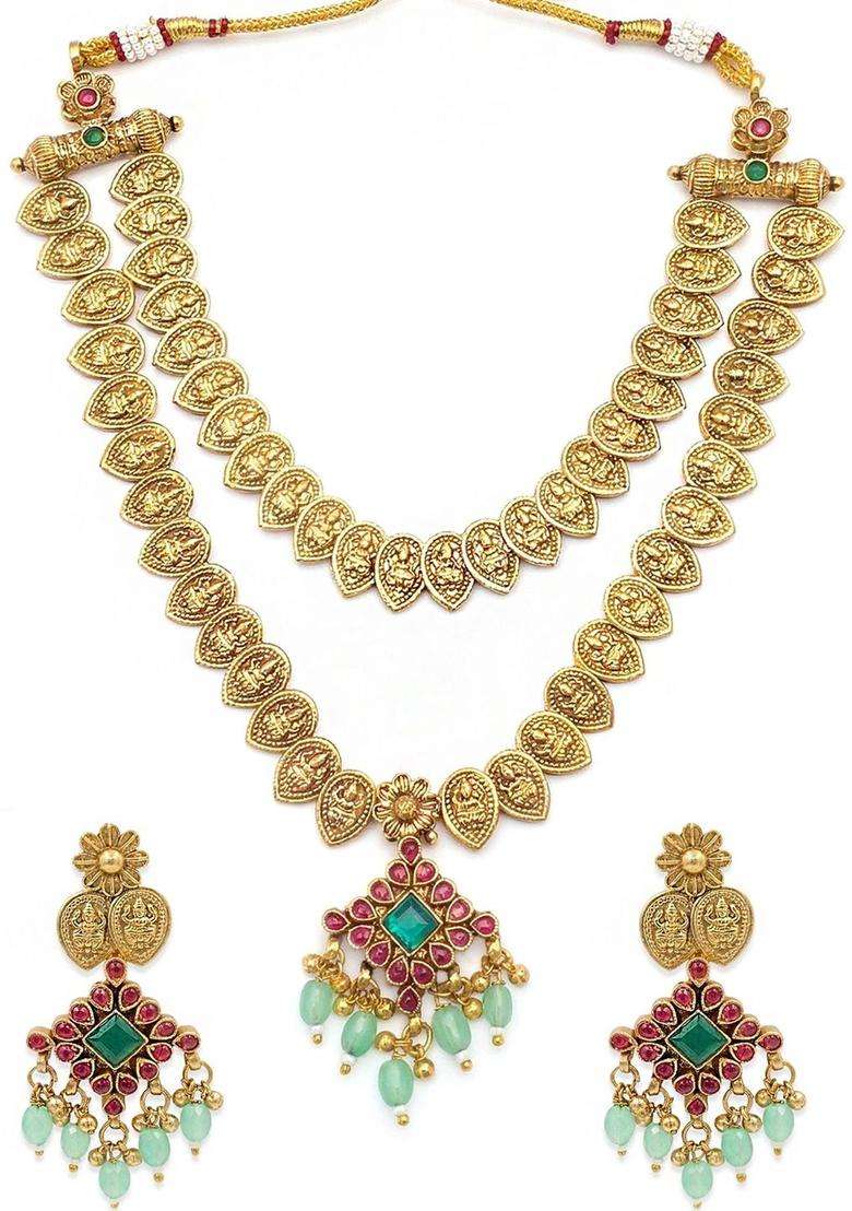 Gold-Plated Temple Stone-Studded Necklace and Earrings for Women | Traditional Temple Jewellery for Wedding & Festive Wear | Gift for Her - Indya
