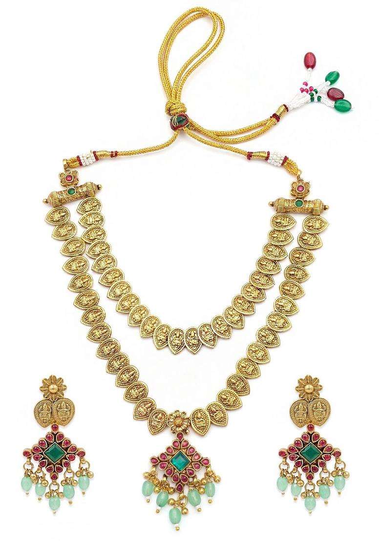 Gold-Plated Temple Stone-Studded Necklace and Earrings for Women | Traditional Temple Jewellery for Wedding & Festive Wear | Gift for Her - Indya