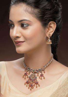 Gold-Plated Artificial Stones Studded Goddess Laxmi Mata Temple Traditional Jewellery Set for Women | Traditional Temple Jewellery for Wedding & Festive Wear | Gift for Her