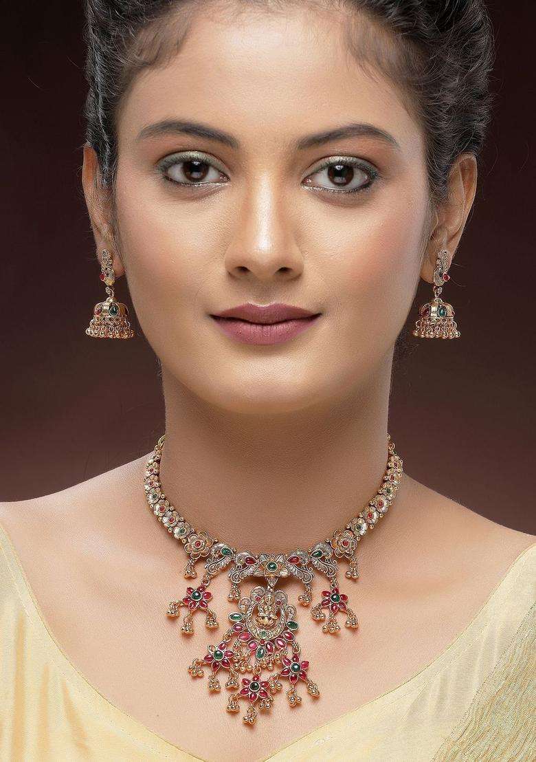 Gold-Plated Artificial Stones Studded Goddess Laxmi Mata Temple Traditional Jewellery Set for Women | Traditional Temple Jewellery for Wedding & Festive Wear | Gift for Her - Indya