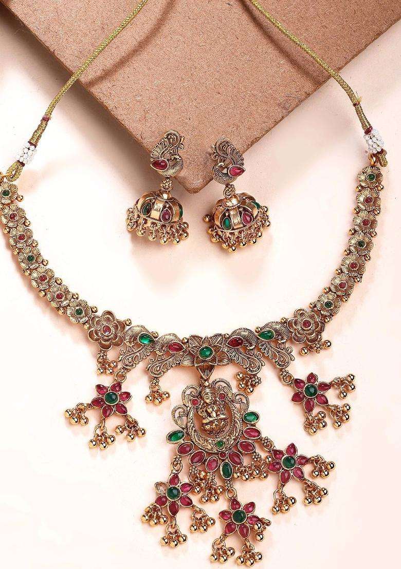 Gold-Plated Artificial Stones Studded Goddess Laxmi Mata Temple Traditional Jewellery Set for Women | Traditional Temple Jewellery for Wedding & Festive Wear | Gift for Her - Indya
