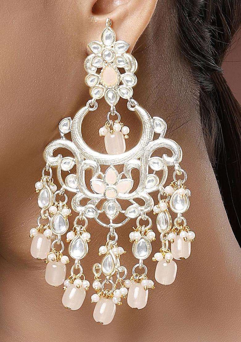 Peach Gold-Plated Contemporary Temple Kundan Studded Drop Earrings for Women | Traditional Temple Jewellery for Wedding & Festive Wear | Gift for Her - Indya