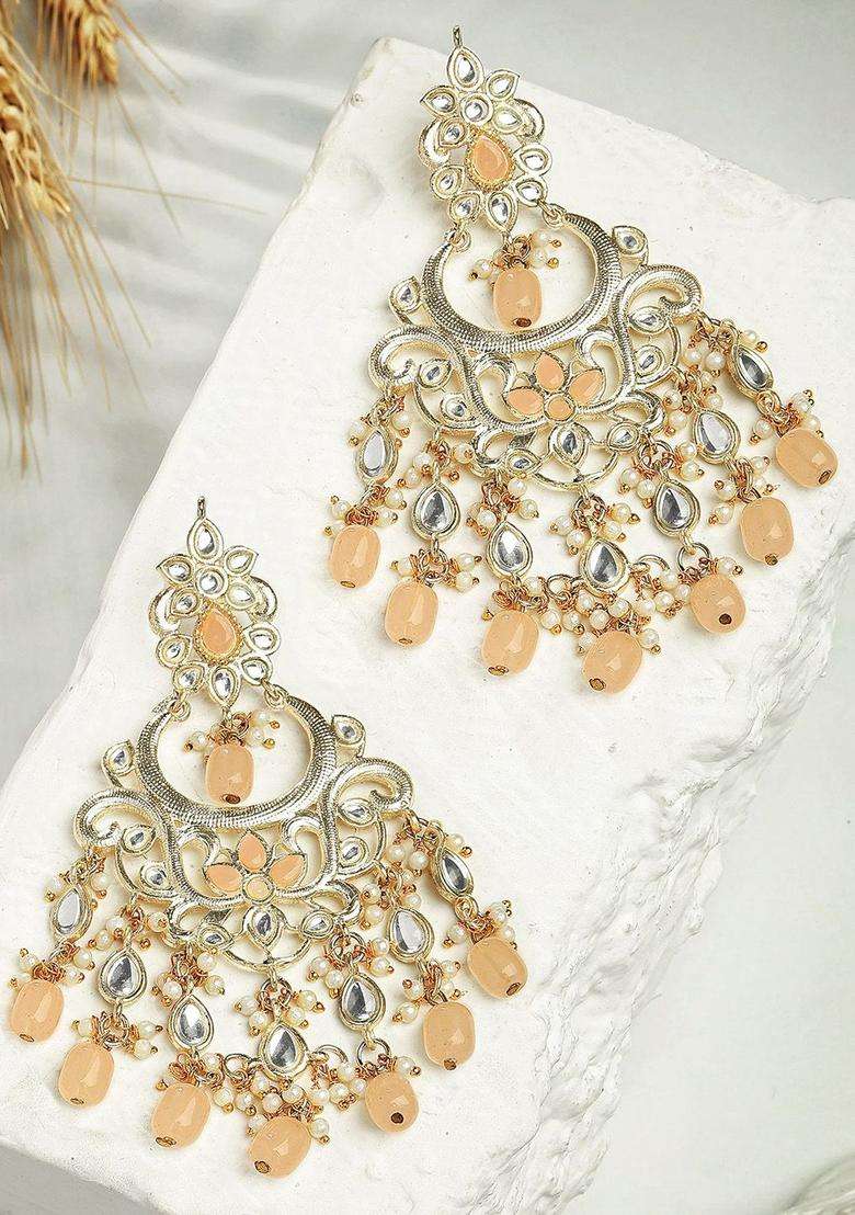 Peach Gold-Plated Contemporary Temple Kundan Studded Drop Earrings for Women | Traditional Temple Jewellery for Wedding & Festive Wear | Gift for Her - Indya