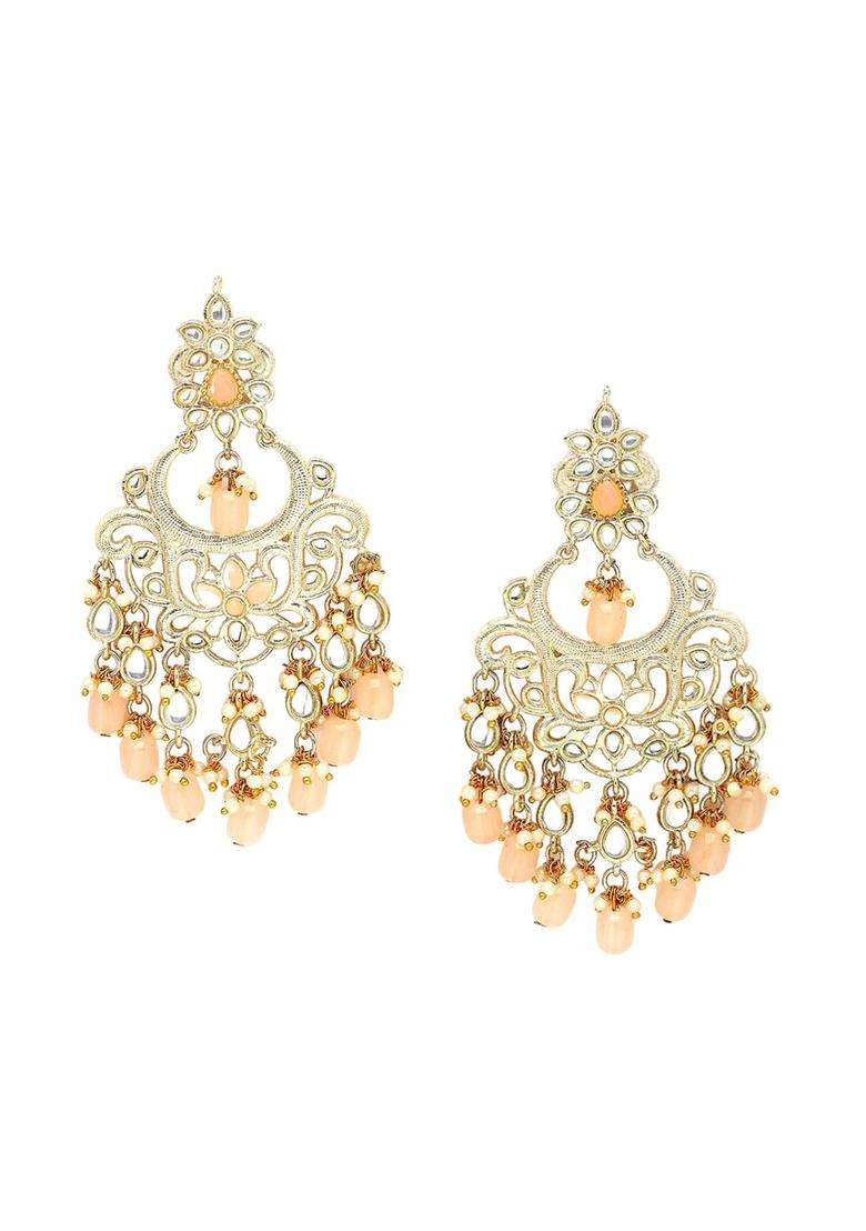 Peach Gold-Plated Contemporary Temple Kundan Studded Drop Earrings for Women | Traditional Temple Jewellery for Wedding & Festive Wear | Gift for Her - Indya