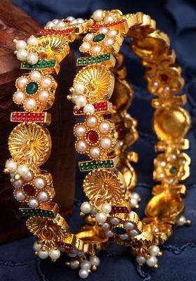 Set of 2 Gold-Plated Red & Green Kundan Studded & Pearl Beaded Rajwadi Temple Bangles for Women | Traditional Temple Jewellery for Wedding & Festive Wear | Gift for Her