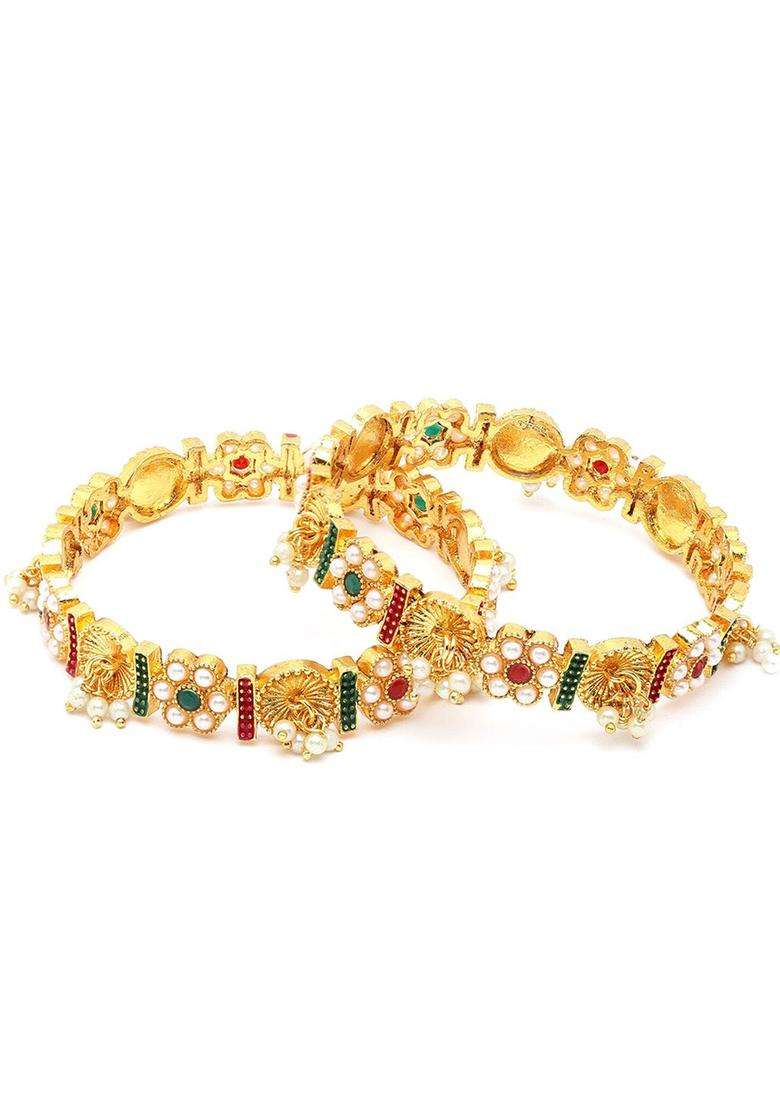 Set of 2 Gold-Plated Red & Green Kundan Studded & Pearl Beaded Rajwadi Temple Bangles for Women | Traditional Temple Jewellery for Wedding & Festive Wear | Gift for Her - Indya