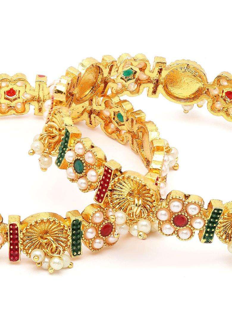 Set of 2 Gold-Plated Red & Green Kundan Studded & Pearl Beaded Rajwadi Temple Bangles for Women | Traditional Temple Jewellery for Wedding & Festive Wear | Gift for Her - Indya