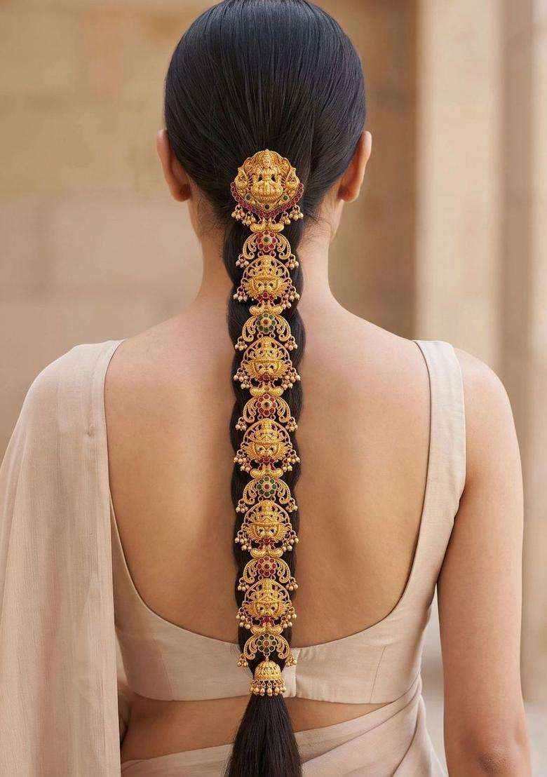 Gold-Plated Artificial Stones Studded Sheeshphool Head Jewellery for Women | Traditional Temple Jewellery for Wedding & Festive Wear | Gift for Her - Indya