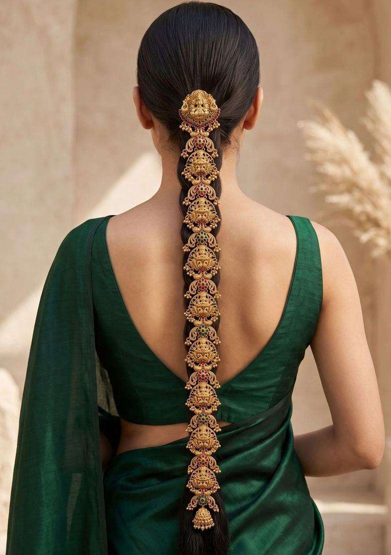 Gold-Plated Artificial Stones Studded Sheeshphool Head Jewellery for Women | Traditional Temple Jewellery for Wedding & Festive Wear | Gift for Her - Indya
