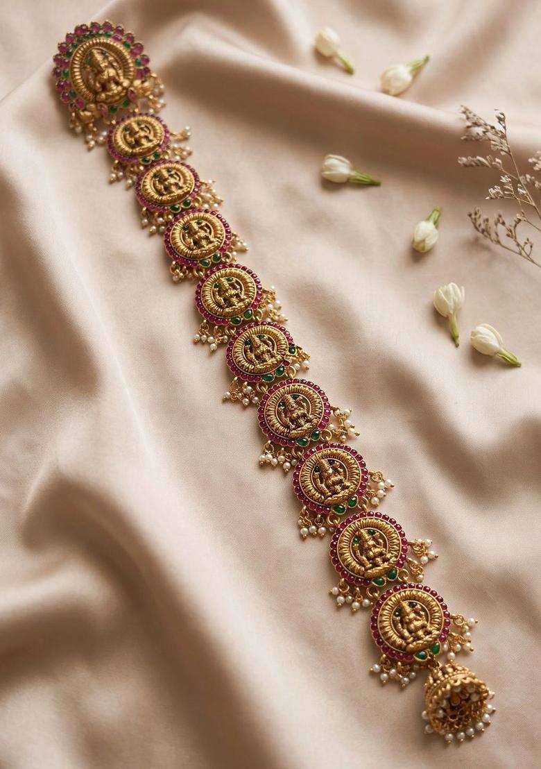 Gold-Plated Artificial Stones Studded Sheeshphool Head Jewellery for Women | Traditional Temple Jewellery for Wedding & Festive Wear | Gift for Her - Indya
