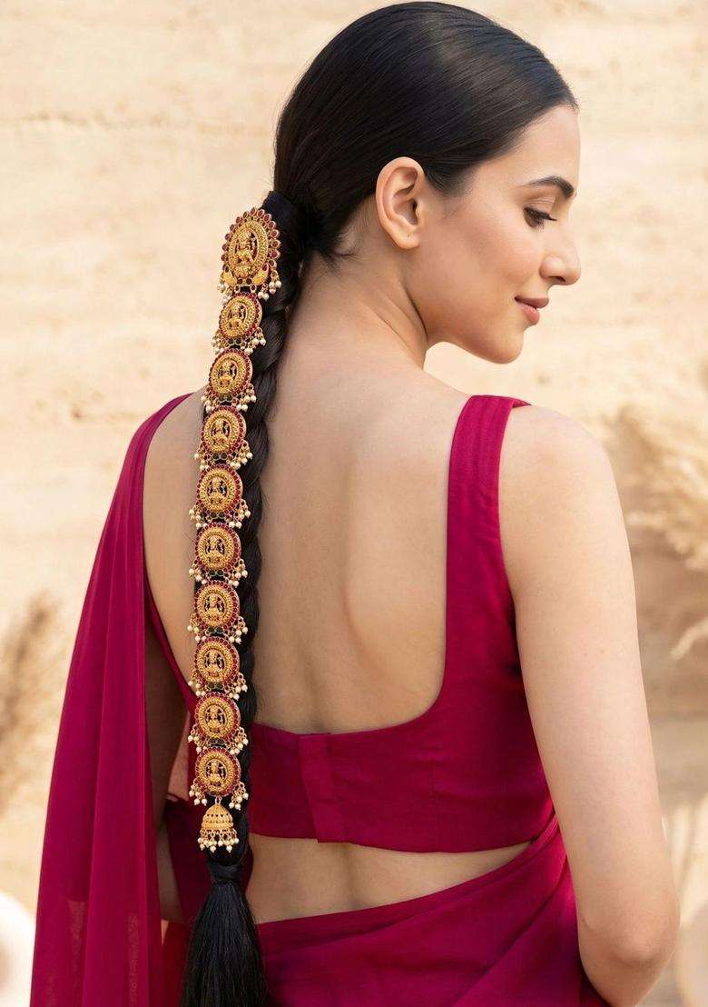 Gold-Plated Artificial Stones Studded Sheeshphool Head Jewellery for Women | Traditional Temple Jewellery for Wedding & Festive Wear | Gift for Her - Indya