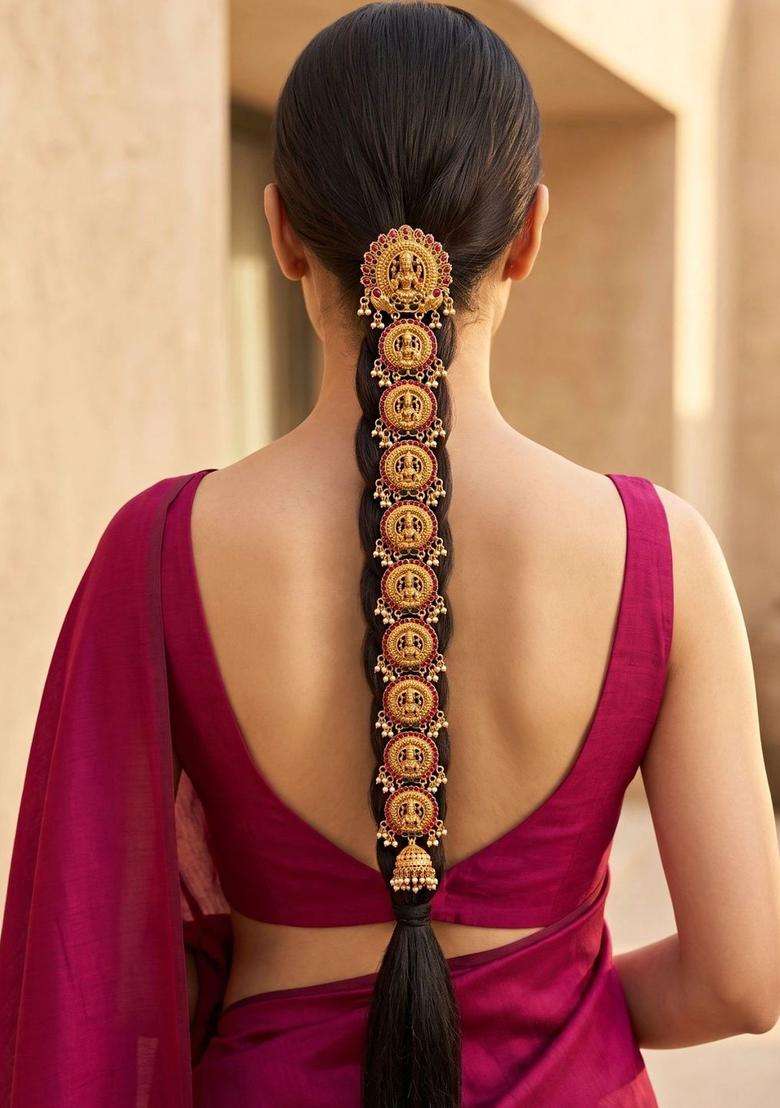 Gold-Plated Artificial Stones Studded Sheeshphool Head Jewellery for Women | Traditional Temple Jewellery for Wedding & Festive Wear | Gift for Her - Indya