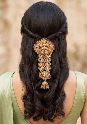 Gold-Plated Artificial Stones Studded Bun Pin Head Jewellery for Women | Traditional Temple Jewellery for Wedding & Festive Wear | Gift for Her