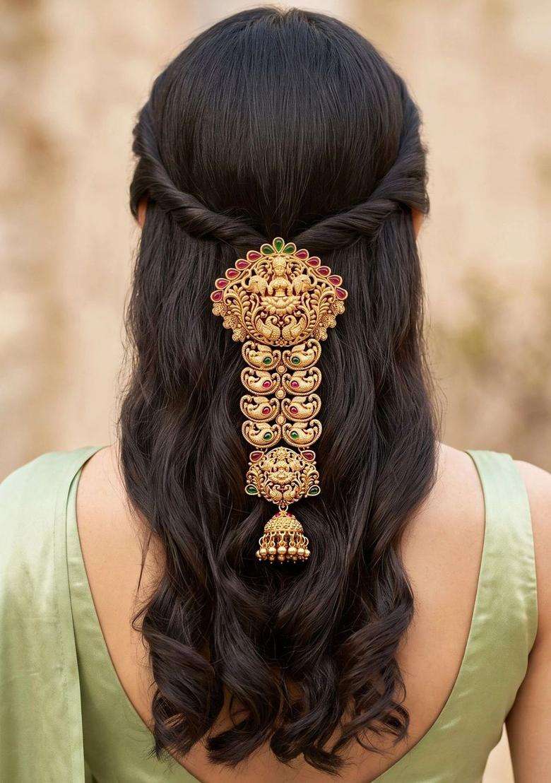 Gold-Plated Artificial Stones Studded Bun Pin Head Jewellery for Women | Traditional Temple Jewellery for Wedding & Festive Wear | Gift for Her - Indya