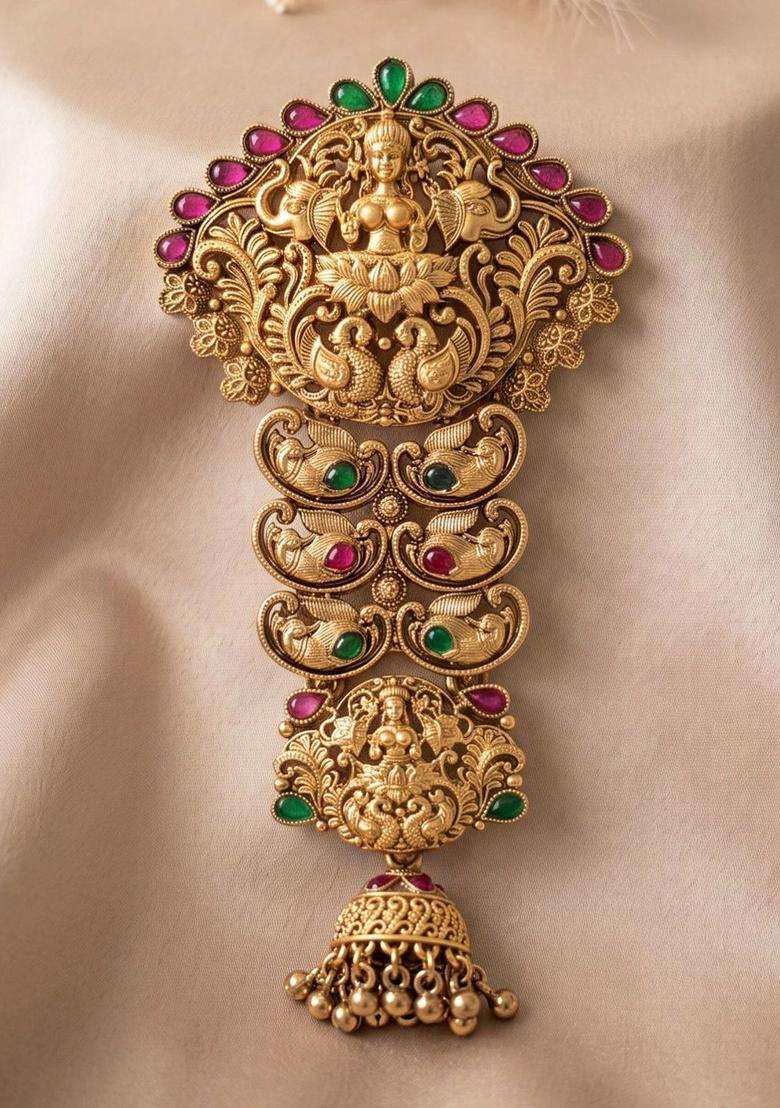 Gold-Plated Artificial Stones Studded Bun Pin Head Jewellery for Women | Traditional Temple Jewellery for Wedding & Festive Wear | Gift for Her - Indya
