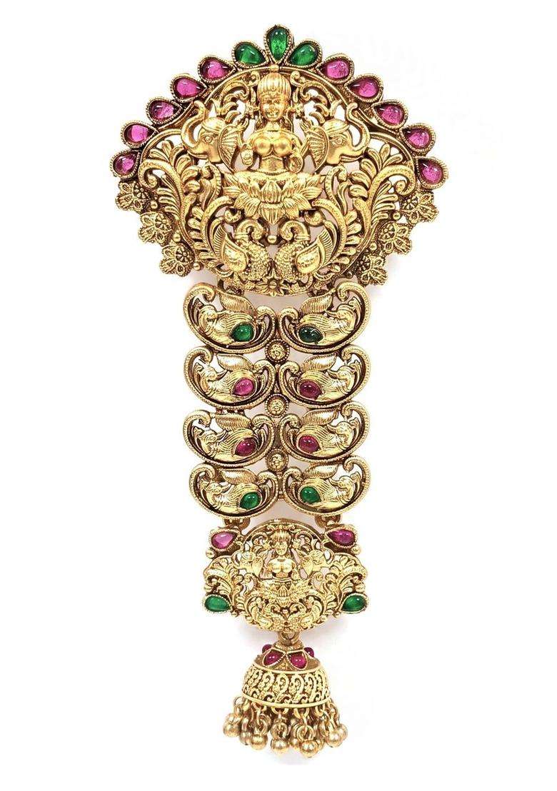 Gold-Plated Artificial Stones Studded Bun Pin Head Jewellery for Women | Traditional Temple Jewellery for Wedding & Festive Wear | Gift for Her - Indya