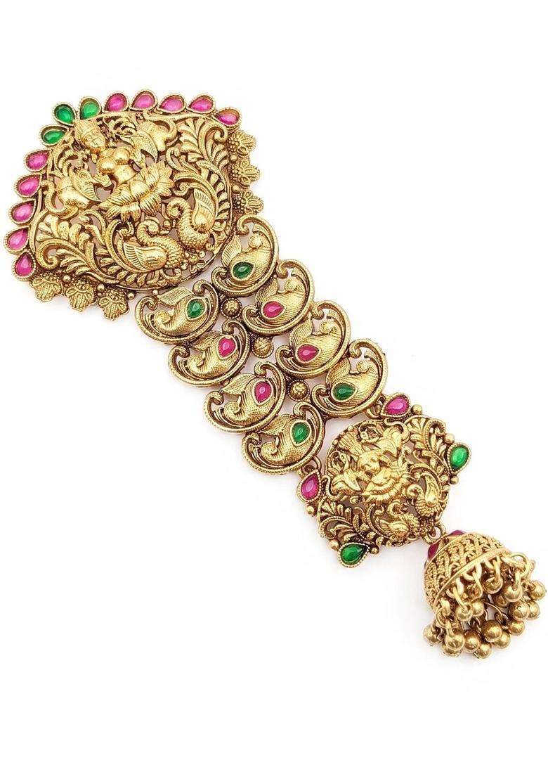 Gold-Plated Artificial Stones Studded Bun Pin Head Jewellery for Women | Traditional Temple Jewellery for Wedding & Festive Wear | Gift for Her - Indya