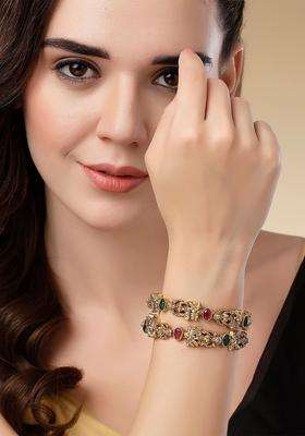 Set of 2 Gold-Plated Red & Green Kundan Studded Mata Laxmi Rajwadi Temple Bangle for Women | Traditional Temple Jewellery for Wedding & Festive Wear | Gift for Her