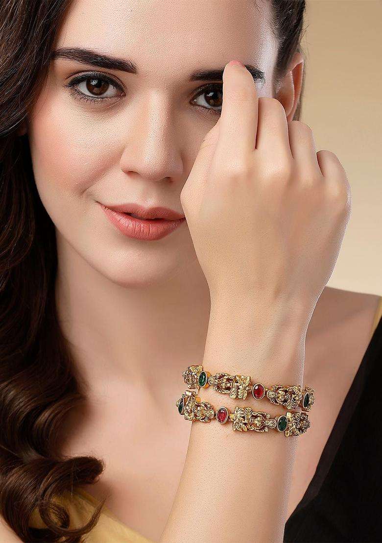 Set of 2 Gold-Plated Red & Green Kundan Studded Mata Laxmi Rajwadi Temple Bangle for Women | Traditional Temple Jewellery for Wedding & Festive Wear | Gift for Her - Indya