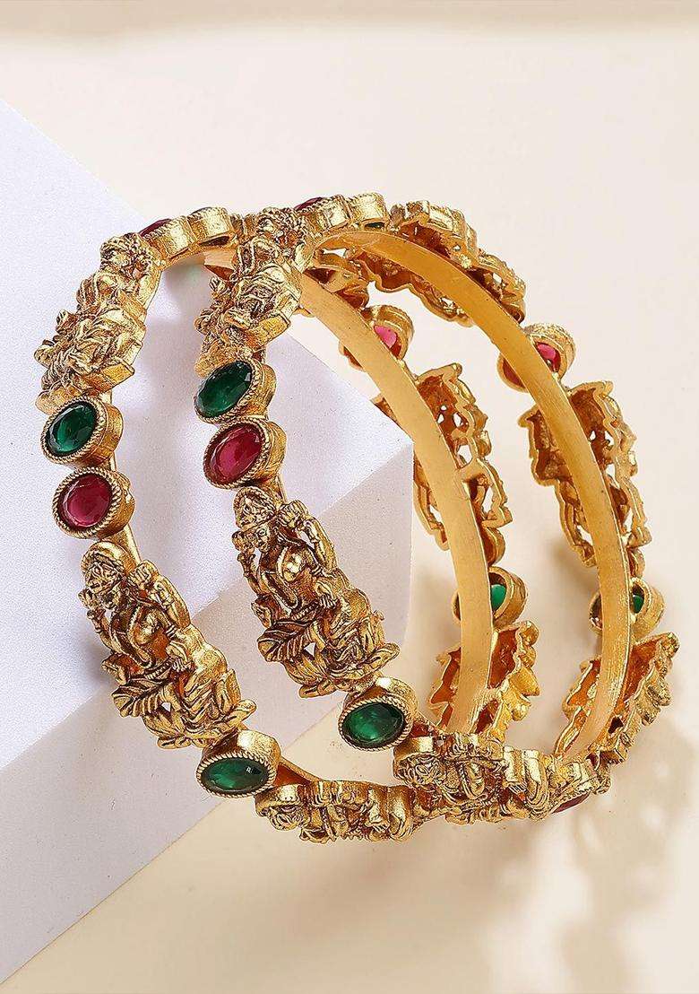 Set of 2 Gold-Plated Red & Green Kundan Studded Mata Laxmi Rajwadi Temple Bangle for Women | Traditional Temple Jewellery for Wedding & Festive Wear | Gift for Her - Indya