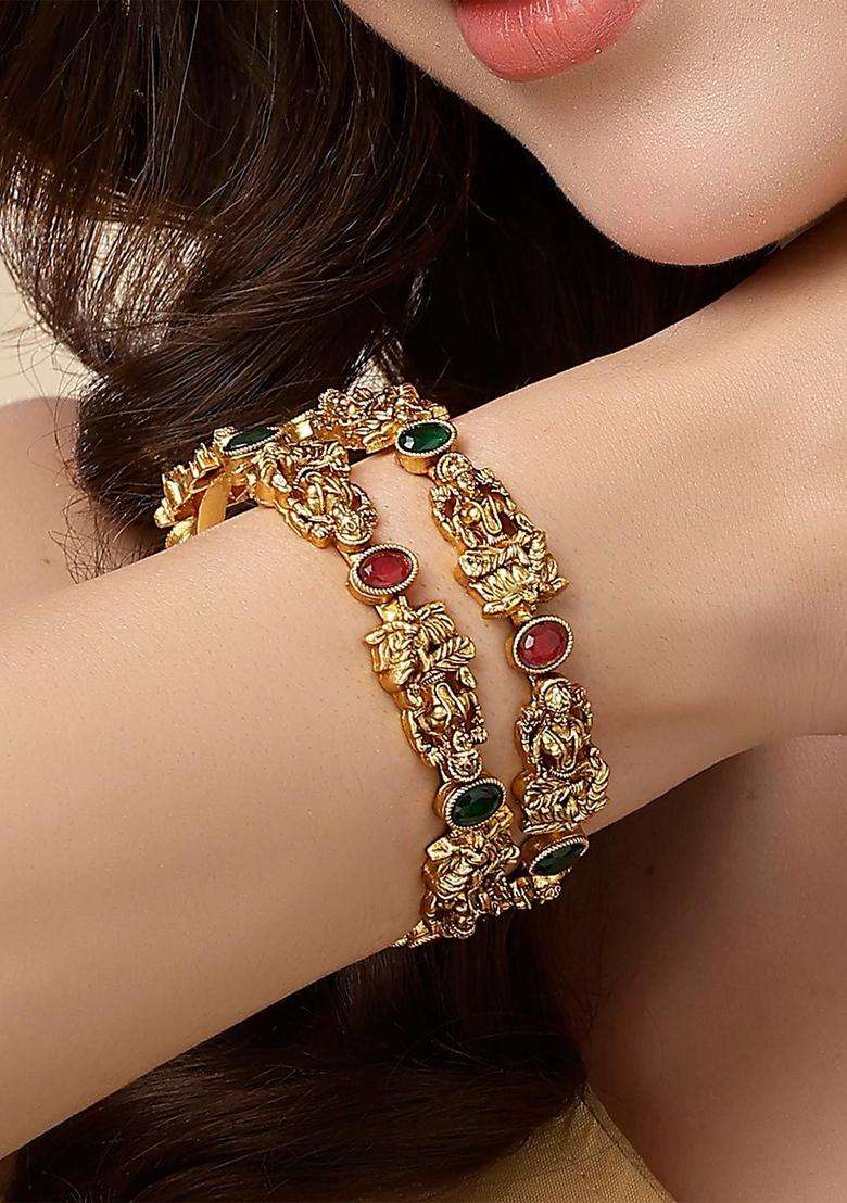 Set of 2 Gold-Plated Red & Green Kundan Studded Mata Laxmi Rajwadi Temple Bangle for Women | Traditional Temple Jewellery for Wedding & Festive Wear | Gift for Her - Indya