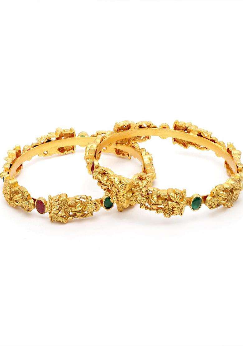 Set of 2 Gold-Plated Red & Green Kundan Studded Mata Laxmi Rajwadi Temple Bangle for Women | Traditional Temple Jewellery for Wedding & Festive Wear | Gift for Her - Indya