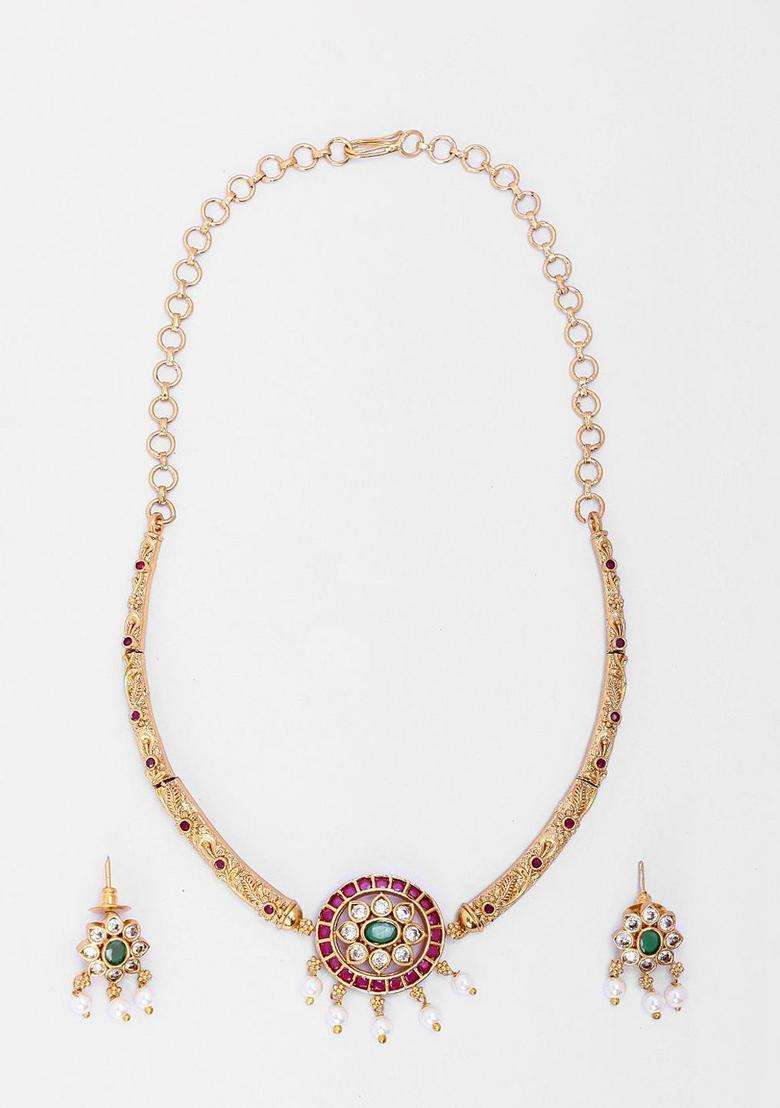 Gold-Plated Kemp Flower Hasli Choker for Women | Traditional Temple Jewellery for Wedding & Festive Wear | Gift for Her - Indya