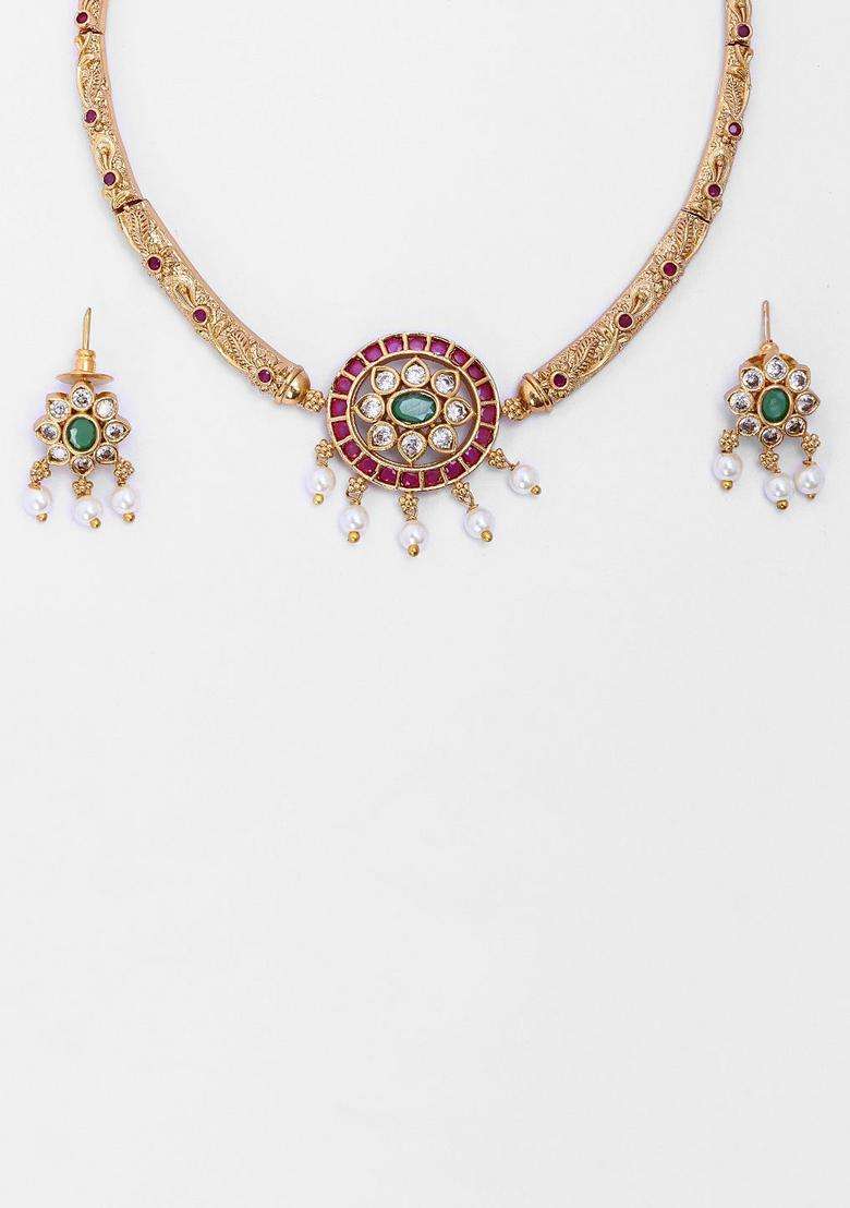 Gold-Plated Kemp Flower Hasli Choker for Women | Traditional Temple Jewellery for Wedding & Festive Wear | Gift for Her - Indya