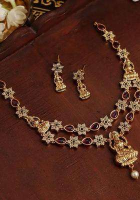 Gold-Plated Temple Cubic Zirconia Necklace and Earrings for Women | Traditional Temple Jewellery for Wedding & Festive Wear | Gift for Her