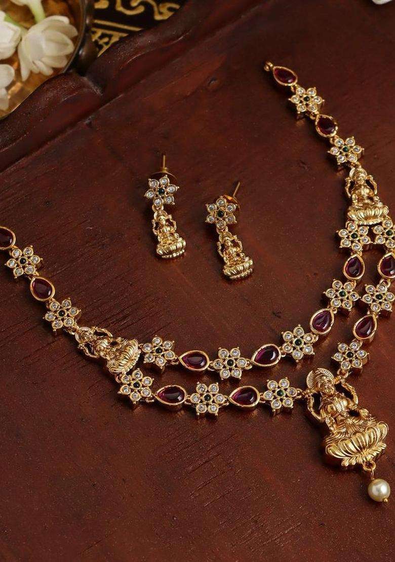 Gold-Plated Temple Cubic Zirconia Necklace and Earrings for Women | Traditional Temple Jewellery for Wedding & Festive Wear | Gift for Her - Indya