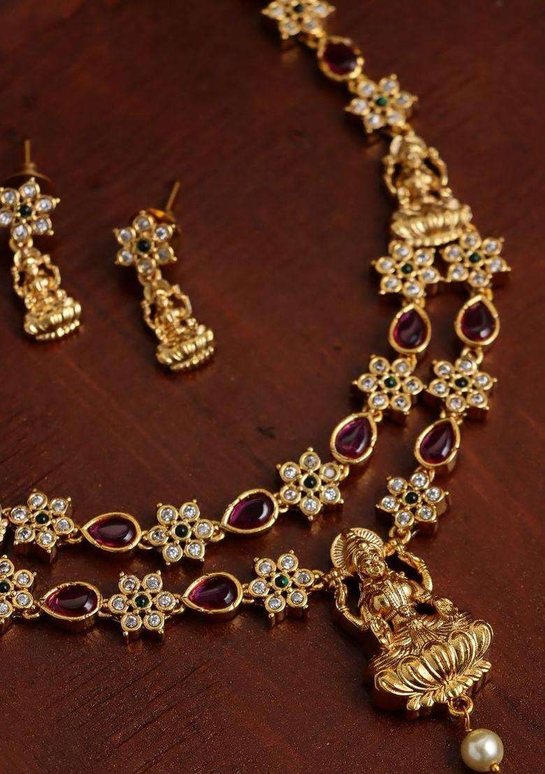 Gold-Plated Temple Cubic Zirconia Necklace and Earrings for Women | Traditional Temple Jewellery for Wedding & Festive Wear | Gift for Her - Indya
