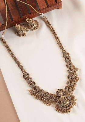 Nakshi Antique Gold-Plated Goddess Artificial Stones Studded Haram Jewellery Set for Women | Traditional Temple Jewellery for Wedding & Festive Wear | Gift for Her
