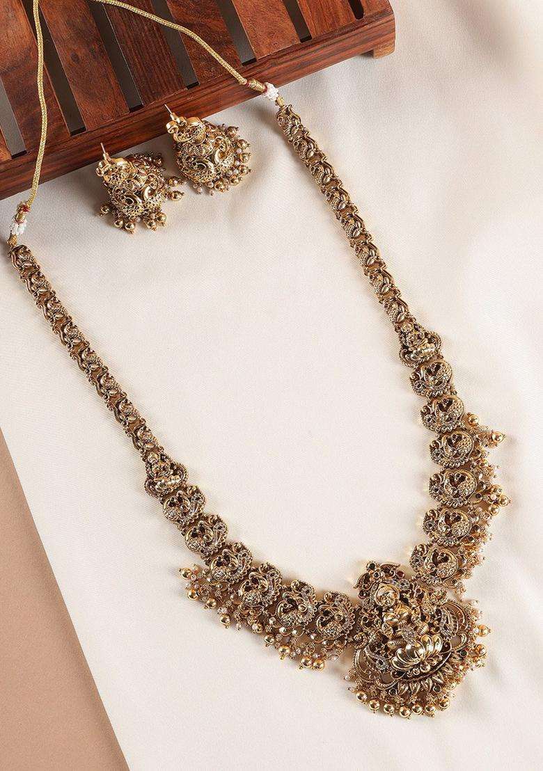 Nakshi Antique Gold-Plated Goddess Artificial Stones Studded Haram Jewellery Set for Women | Traditional Temple Jewellery for Wedding & Festive Wear | Gift for Her - Indya