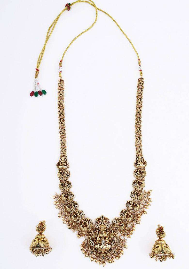 Nakshi Antique Gold-Plated Goddess Artificial Stones Studded Haram Jewellery Set for Women | Traditional Temple Jewellery for Wedding & Festive Wear | Gift for Her - Indya
