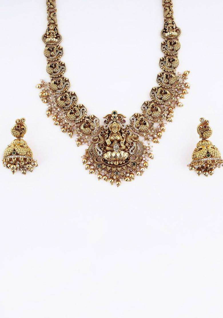 Nakshi Antique Gold-Plated Goddess Artificial Stones Studded Haram Jewellery Set for Women | Traditional Temple Jewellery for Wedding & Festive Wear | Gift for Her - Indya